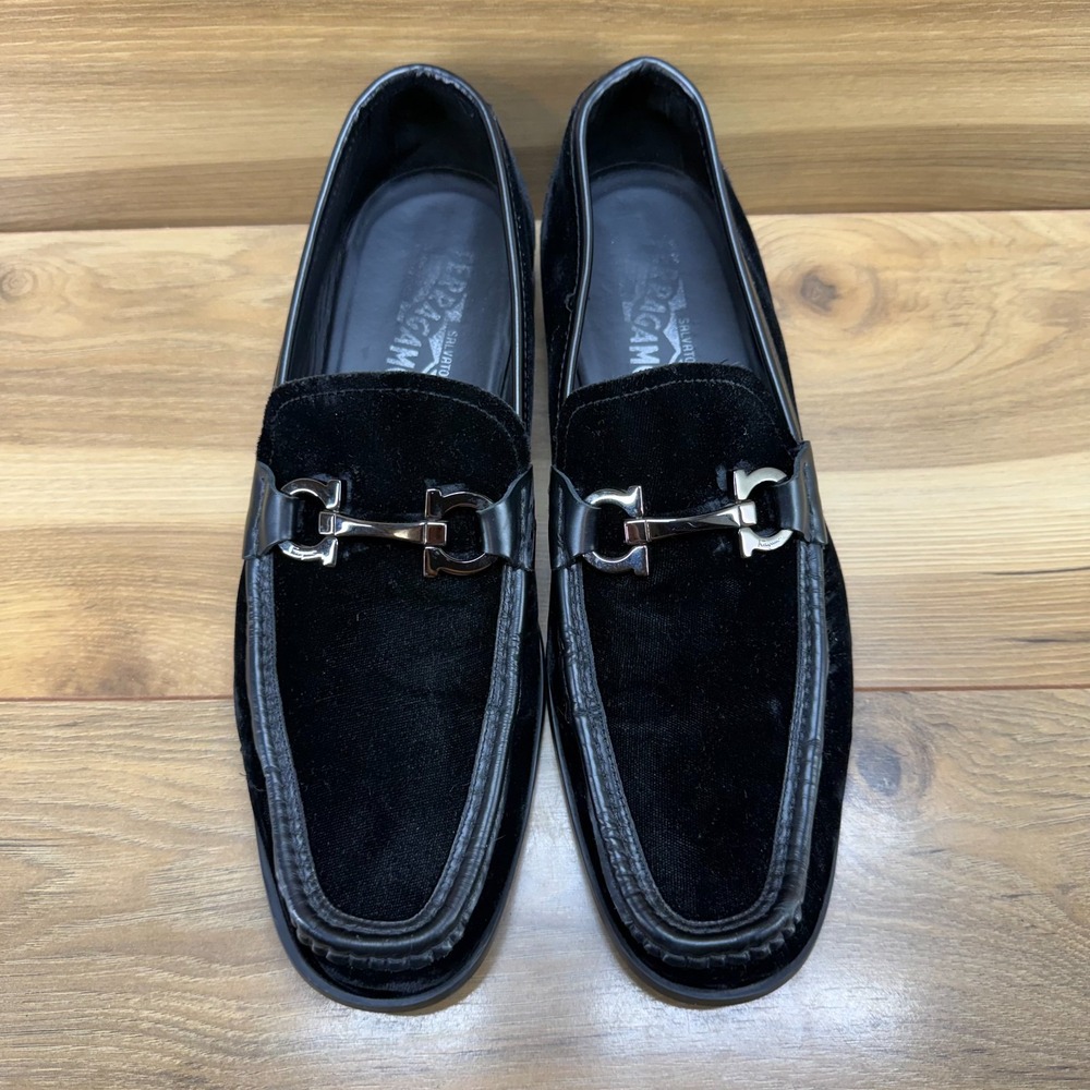 Salvatore Ferragamo Gandioso Black Velvet Loafer Men 10 E Ornament Formal Luxury